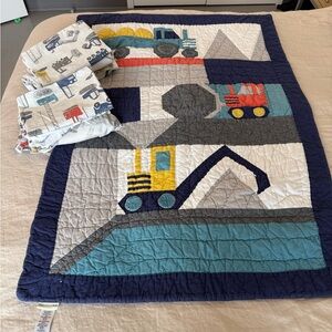 Pottery barn Jax toddler construction quilt and TWO toddler/crib sheet sets